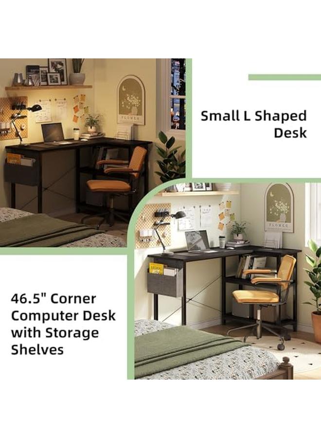 سكاي تاتش مكتب ألعاب كمبيوتر على شكل حرف L مقاس 46.5 بوصة، مكتب زاوية للكمبيوتر مع أرفف تخزين وحقيبة تخزين، طاولة كتابة للدراسة، سطح من ألياف الكربون لمحطة عمل الكمبيوتر المنزلية، توفير المساحة باللون الأسود - Image 4