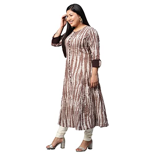 Yash Gallery Women's Cotton Blend Printed Anarkali Regular Fit Kurta For Women (Brown, XS) - Image 2