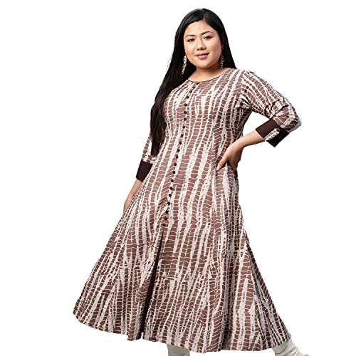 Yash Gallery Women's Cotton Blend Printed Anarkali Regular Fit Kurta For Women (Brown, XS) - Image 1