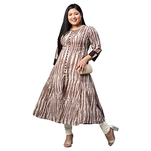 Yash Gallery Women's Cotton Blend Printed Anarkali Regular Fit Kurta For Women (Brown, XS) - Image 3