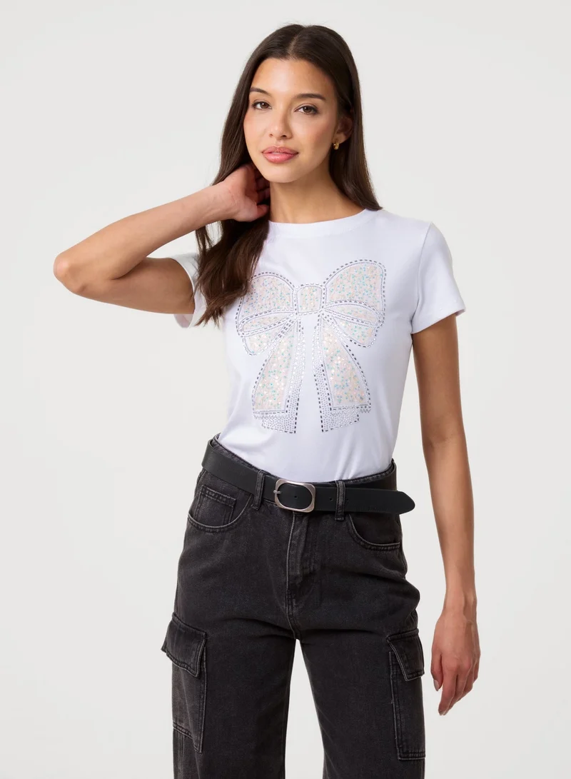 Pink Vanilla Diamante Bow Ribbon Tee