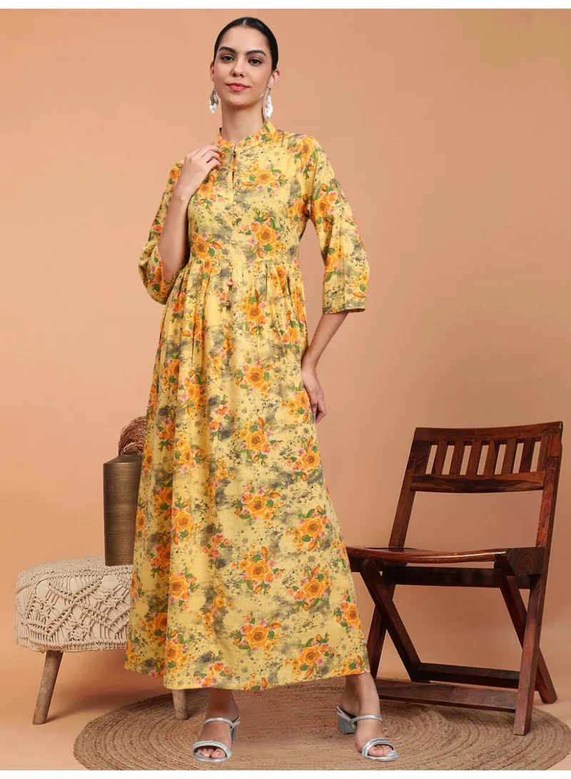 Women Floral Printed Cotton Jalabiya with Mandarin Collar & Three-Quarter Sleeves-AL4009