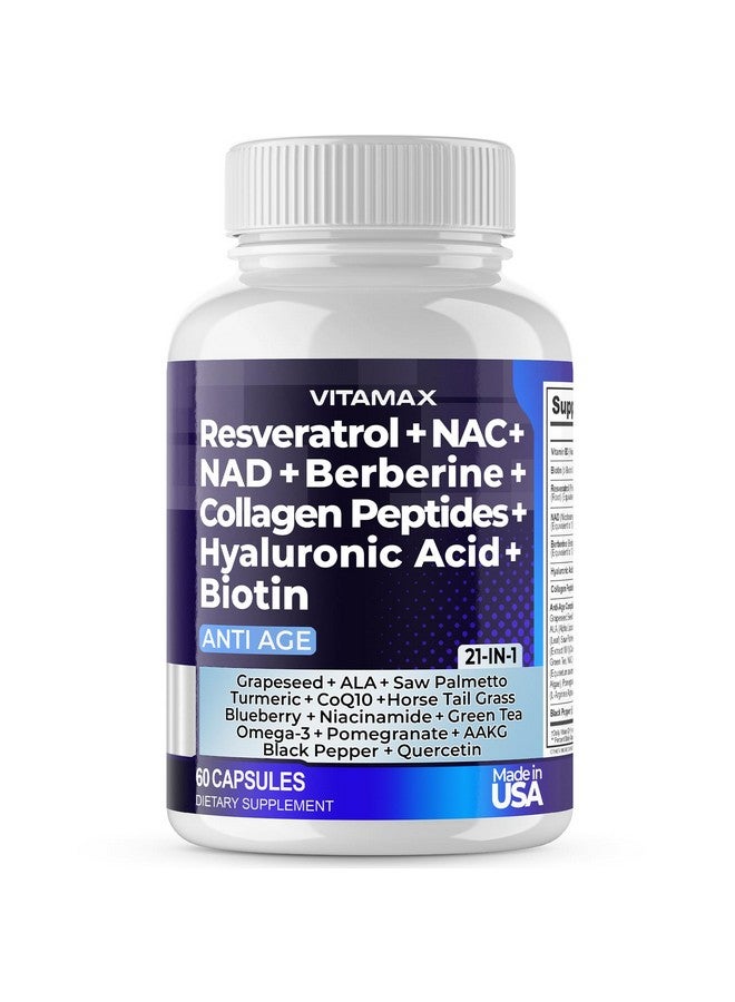 فيتاماكس ريسفيراترول NAD+ بربارين حمض الهيالورونيك - بيوتين العنب والتوت الأزرق + NAC - ببتيدات الكولاجين - مكمل غذائي للشعر والأظافر والبشرة والمفاصل - 21 في 1 للنساء والرجال - صنع في الولايات المتحدة الأمريكية (60 قطعة (عبوة واحدة) - Image 1