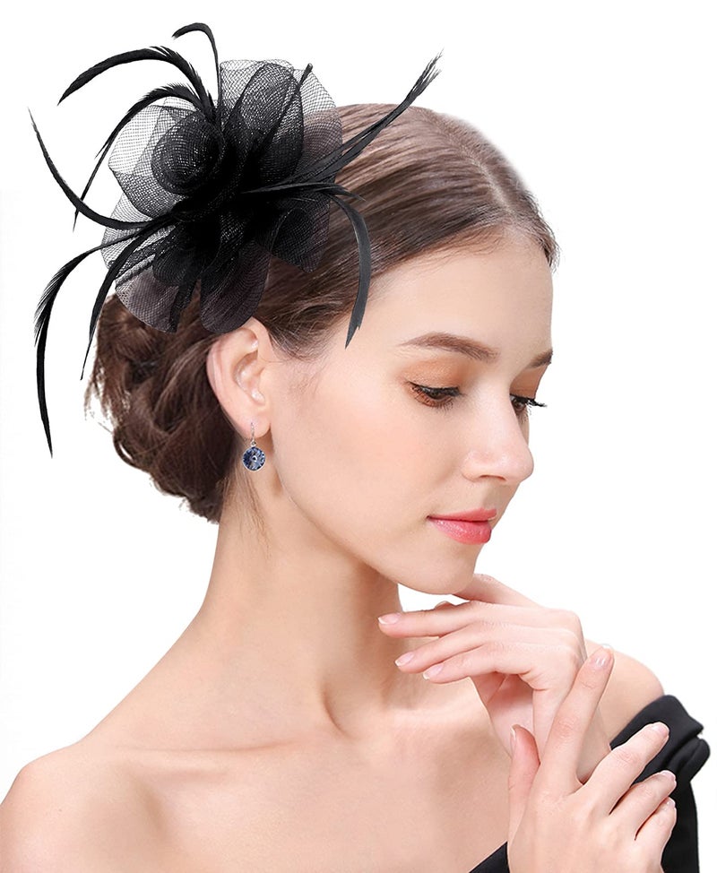 ZX Ladies Girls Fasciantor Hat Mesh Spiral Flower Feather Tea Party Hat with Clip Brooch Black