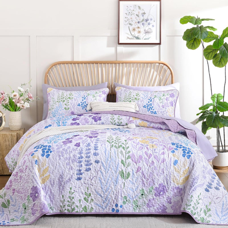 Xruibed Quilt Set Queen Size 3 Pieces Purple Floral Quilt Sets Reversible Bedspreads Bedding Set Soft and Cozy Microfiber Lightweight Quilt Flower Plant Bed Coverlet Sets for All Season(Queen 96"x90") - Image 1