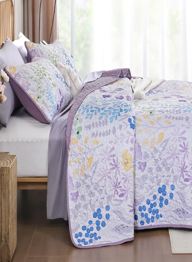 Xruibed Quilt Set Queen Size 3 Pieces Purple Floral Quilt Sets Reversible Bedspreads Bedding Set Soft and Cozy Microfiber Lightweight Quilt Flower Plant Bed Coverlet Sets for All Season(Queen 96"x90") - Image 3