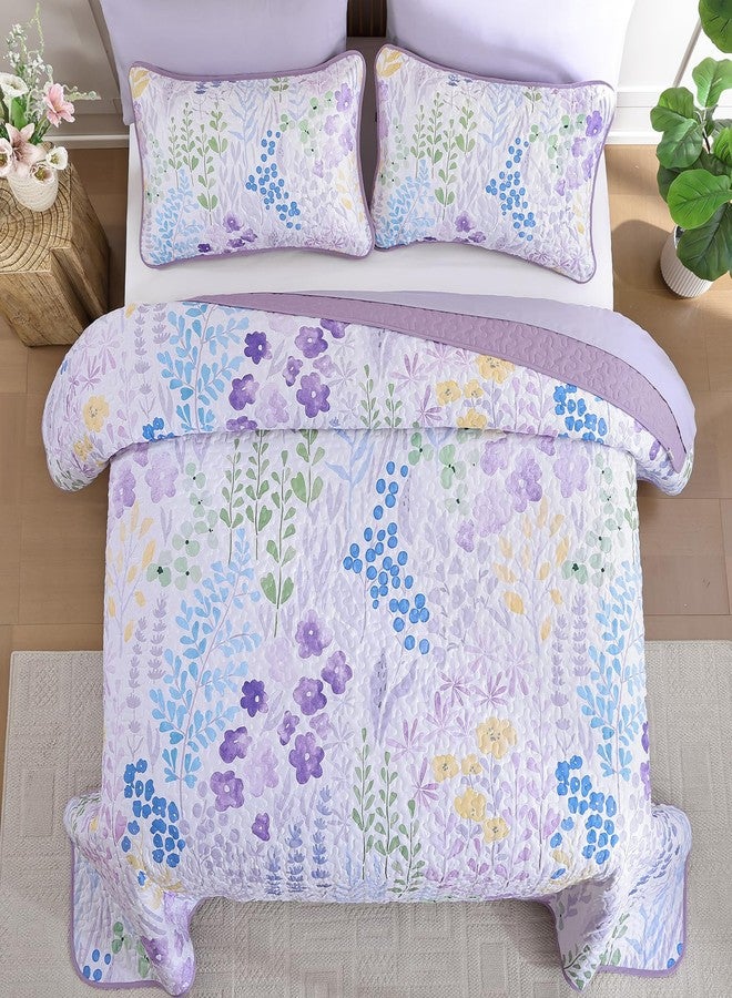 Xruibed Quilt Set Queen Size 3 Pieces Purple Floral Quilt Sets Reversible Bedspreads Bedding Set Soft and Cozy Microfiber Lightweight Quilt Flower Plant Bed Coverlet Sets for All Season(Queen 96"x90") - Image 4