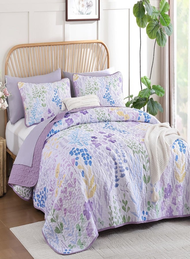 Xruibed Quilt Set Queen Size 3 Pieces Purple Floral Quilt Sets Reversible Bedspreads Bedding Set Soft and Cozy Microfiber Lightweight Quilt Flower Plant Bed Coverlet Sets for All Season(Queen 96"x90") - Image 2