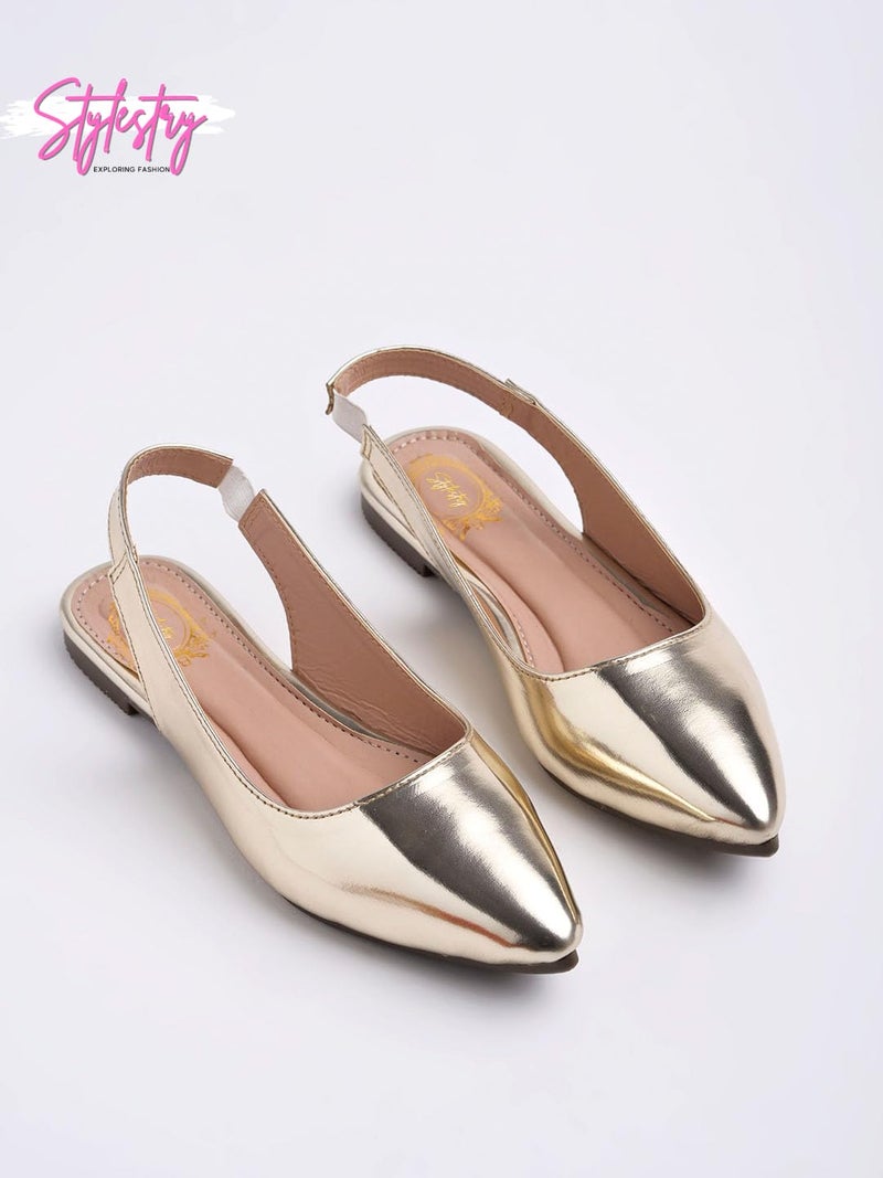 Shoetopia شوتوبيا أحذية نسائية ذهبية ذات مقدمة مدببة مع حزام خلفي - باليرينا عصرية سهلة الارتداء - Image 4