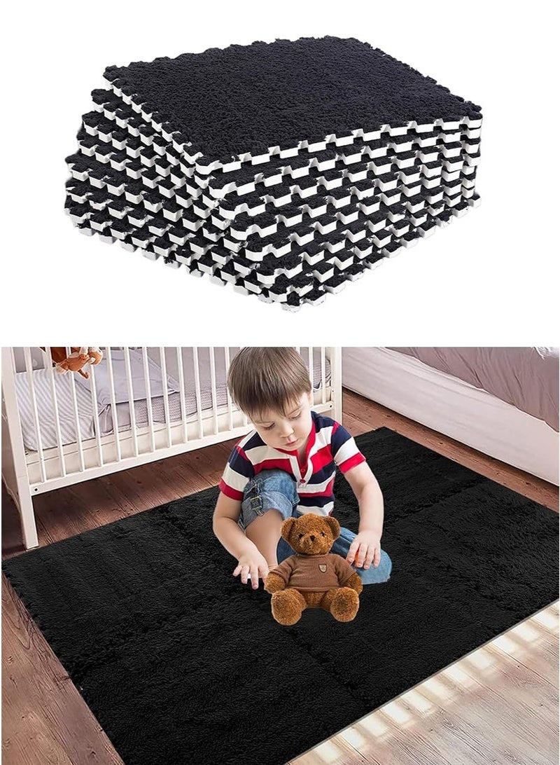 VUCATIN 12PCS Plush Foam Floor Mat for Baby Kids Thickened Interlocking Play Mat Carpet Tiles with Padding for Toddler Baby Square Soft Fluffy Tiles for Home Playroom Decoration 12" x 12" (Black) - Image 1