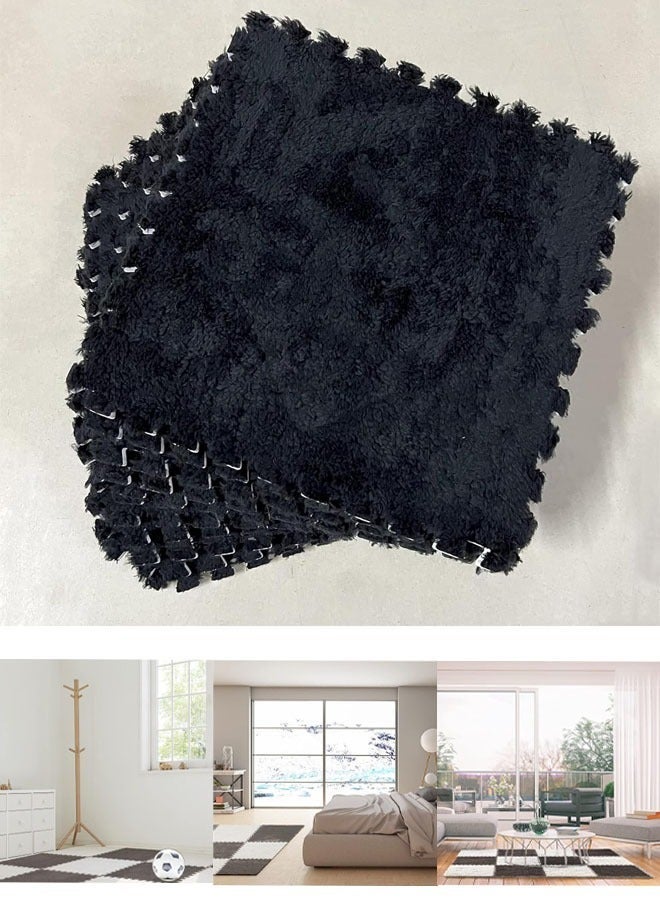 VUCATIN 12PCS Plush Foam Floor Mat for Baby Kids Thickened Interlocking Play Mat Carpet Tiles with Padding for Toddler Baby Square Soft Fluffy Tiles for Home Playroom Decoration 12" x 12" (Black) - Image 2