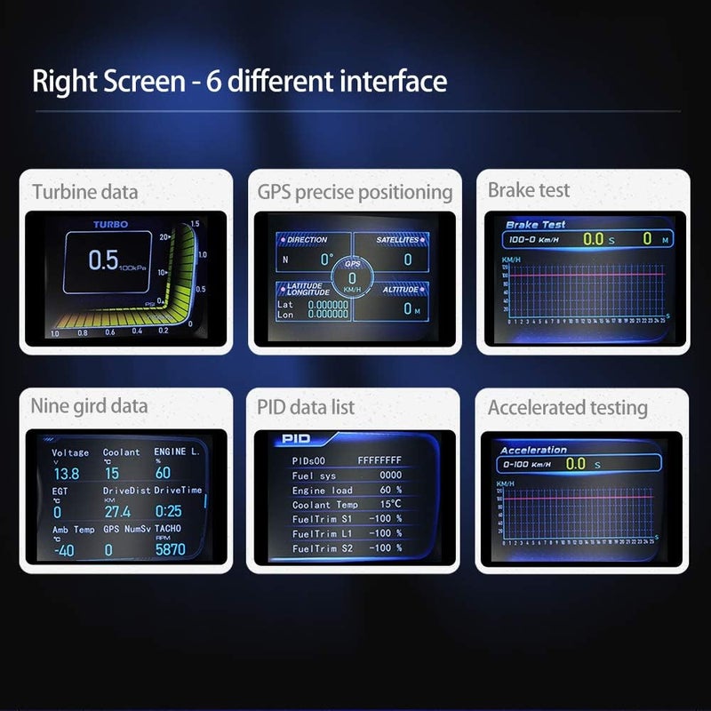 VJOYCAR عرض سرعة HUD جديد، شاشة عرض أمامية ثلاثية متزامنة، مجموعة عدادات OBD2 مزدوجة الرقائق + عداد سرعة GPS عالمي، عداد سرعة رقمي RPM درجة حرارة سائل التبريد زيت ضغط التوربو - Image 4