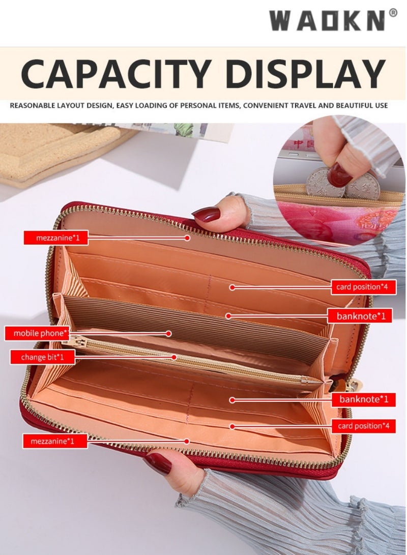 دبليو أيه أو كي أن جديد أنيق السيدات محفظة طويلة ، أنيقة وموجزة السيدات قدرة كبيرة واحدة متعددة الوظائف حقيبة يد الرمز البريدي ( الوردي العميق ) - Image 2