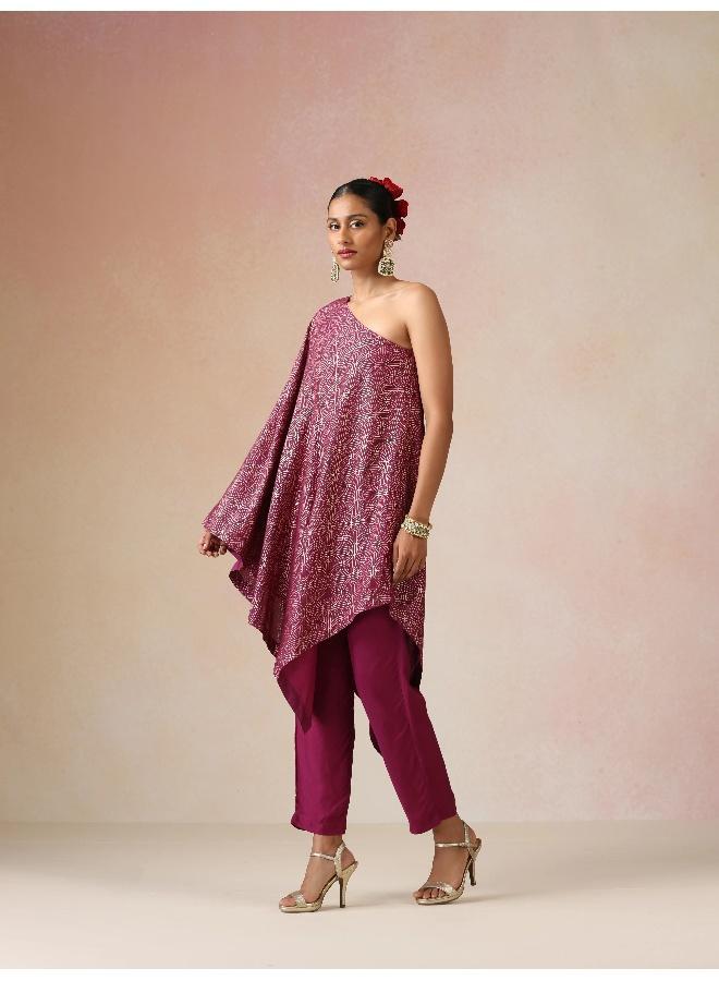 trueBrowns Magenta Gold Foil Print Muslin Silk Asymmetric One-Shoulder Kurta Co-ord Set - Image 3
