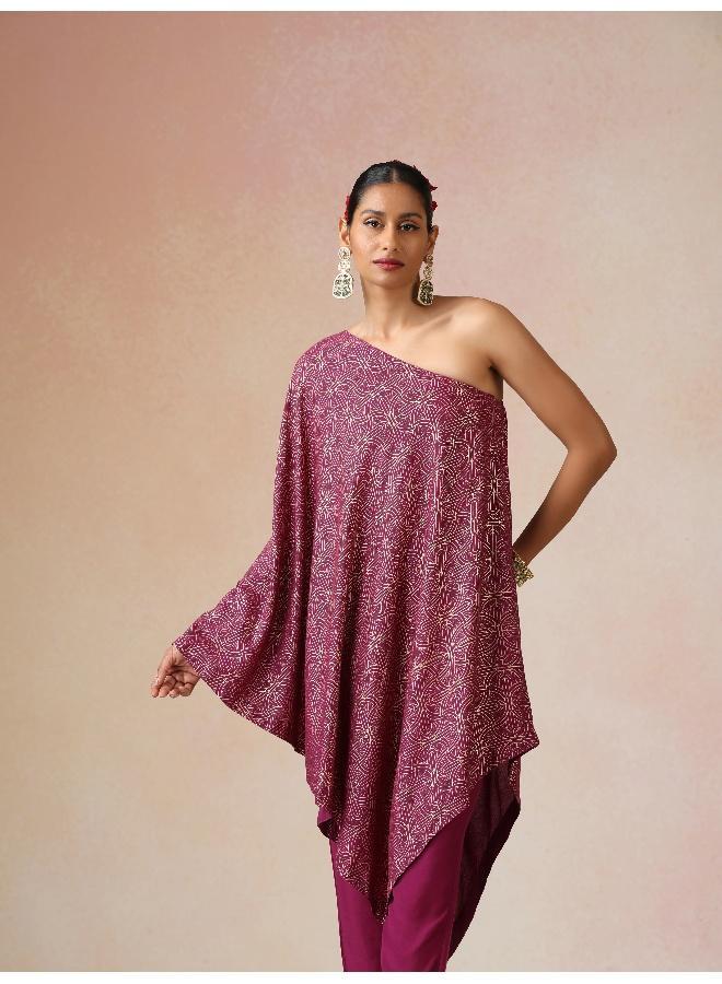 trueBrowns Magenta Gold Foil Print Muslin Silk Asymmetric One-Shoulder Kurta Co-ord Set - Image 4