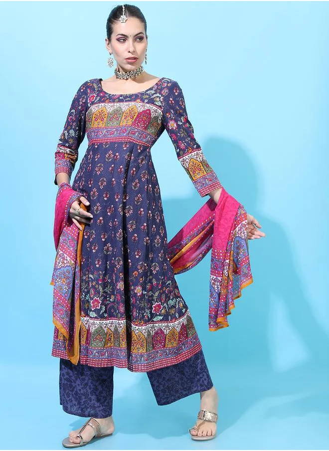 فيشود Women Navy Blue Cotton Kurta Set with Palazzos and Dupatta by Styli
