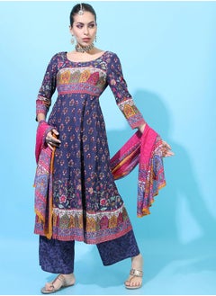Vishudh Women Navy Blue Cotton Kurta Set with Palazzos and Dupatta  - Image 1