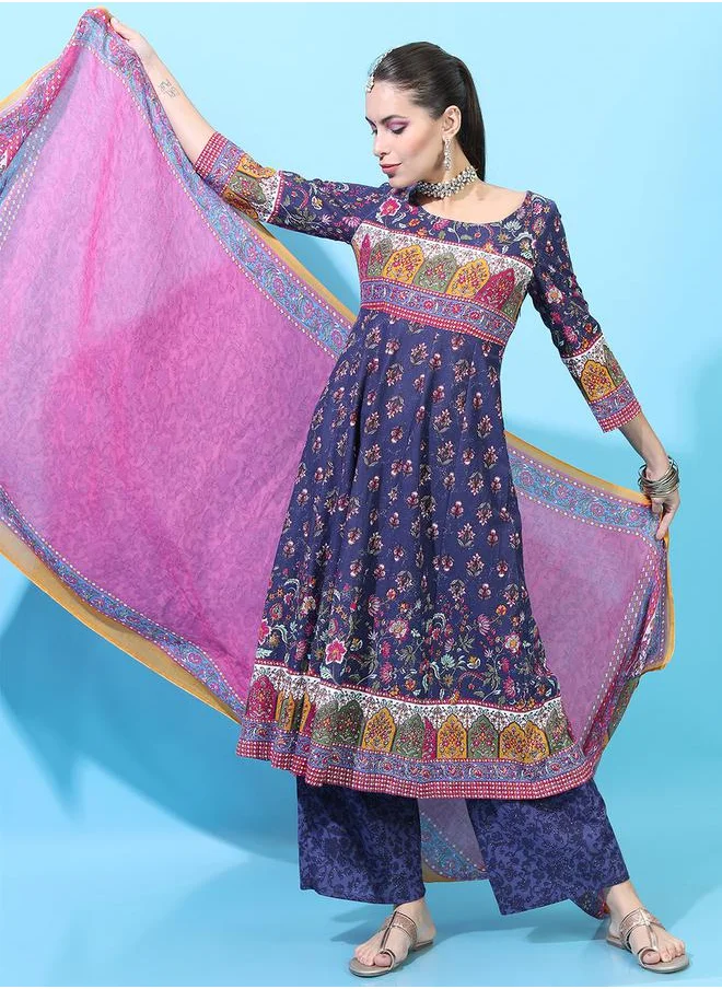 فيشود Women Navy Blue Cotton Kurta Set with Palazzos and Dupatta by Styli