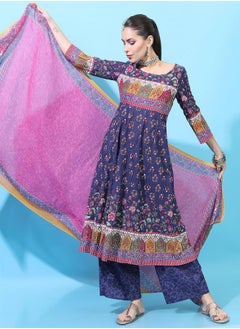 Vishudh Women Navy Blue Cotton Kurta Set with Palazzos and Dupatta  - Image 2