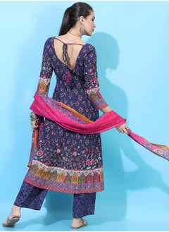 Vishudh Women Navy Blue Cotton Kurta Set with Palazzos and Dupatta  - Image 3