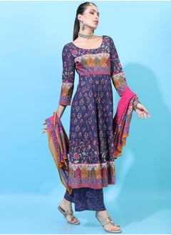 Vishudh Women Navy Blue Cotton Kurta Set with Palazzos and Dupatta  - Image 5