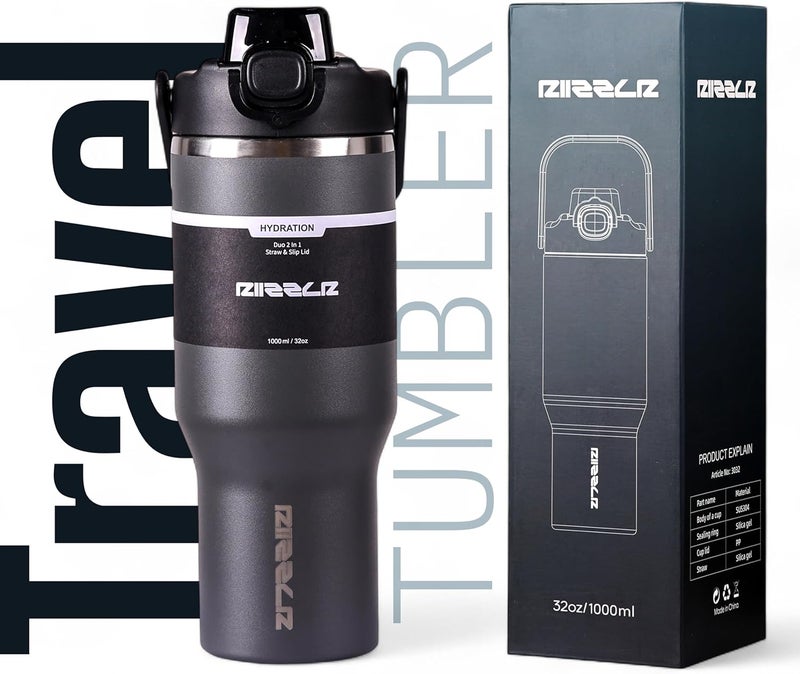 Riizzlr 1000ml Insulated Water Bottle Tumbler with 2-in-1 Straw & Sip Lid – Stainless Steel Vacuum Flask, Double Wall, BPA-Free, Leakproof, Wide Mouth, Keeps Drinks Hot 12H / Cold 24H (Charcoal Gray) - Image 2