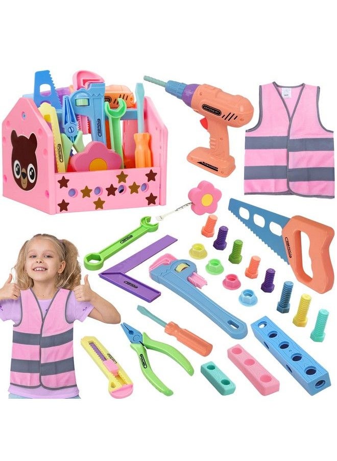 Gifts2U - Toy Tool Set For Girls Pretend Play Toy With Play Drill Tool Box Vest Costume And Toy Tape Measure Pink Toy Tool Set Learning Tool Kit For Girls Toddlers Boys Age 3 4 5 6 Home Stem Diy Gifts - Image 1