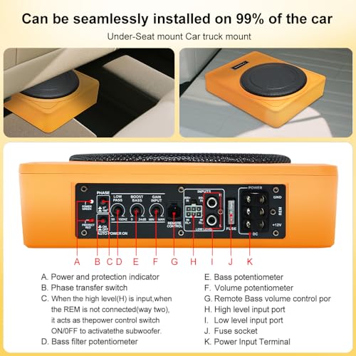 litillbuly 10 Inch 1200W Orange Car Subwoofer,Slim Under Seat Car Subwoofer Powered, High/Low Level Input, Car/Truck Car Audio Subwoofer Sub Built in Amplifier - Image 4