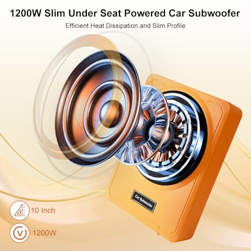 litillbuly 10 Inch 1200W Orange Car Subwoofer,Slim Under Seat Car Subwoofer Powered, High/Low Level Input, Car/Truck Car Audio Subwoofer Sub Built in Amplifier - Image 2
