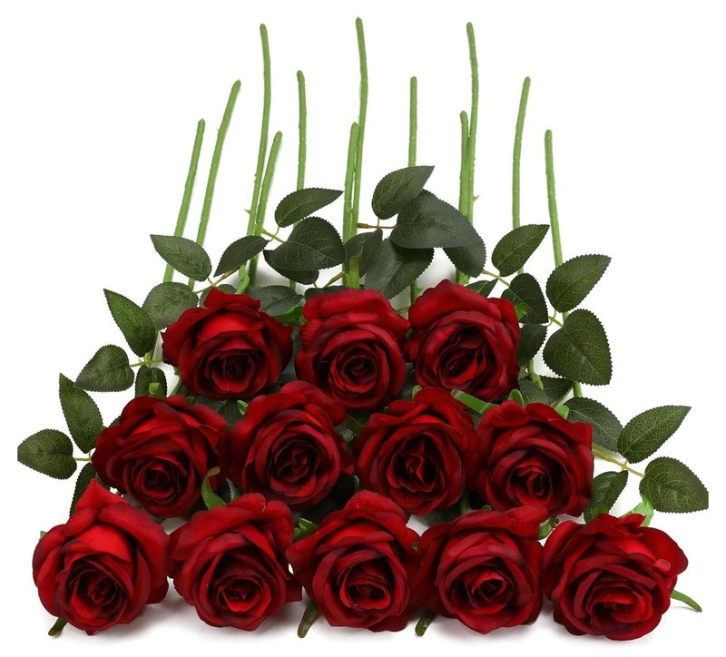 XiuWoo 12 Pcs Red Artificial Roses Silk Bridal Wedding Bouquet Realistic Flower Red/Green - Image 1