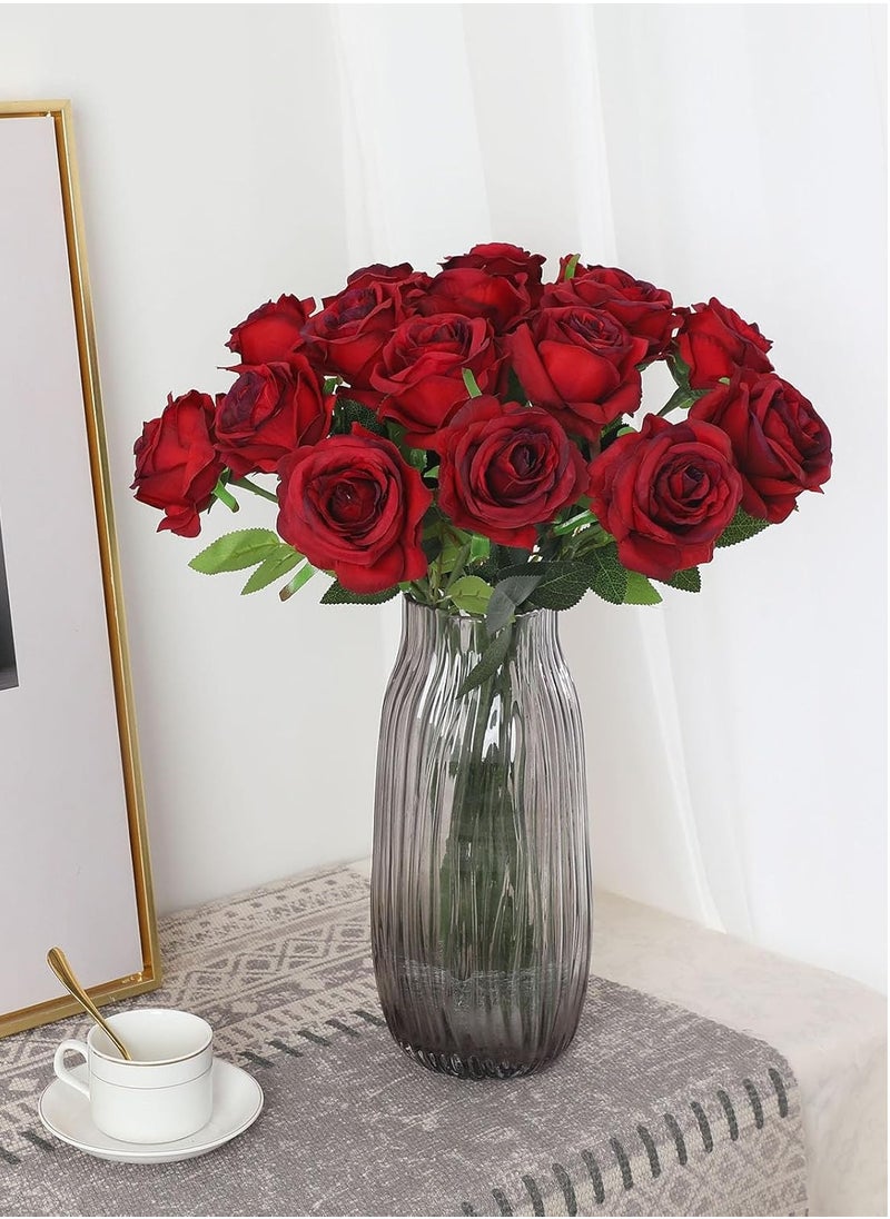XiuWoo - 12 Pcs Red Artificial Roses Silk Bridal Wedding Bouquet Realistic Flower Red/Green - Image 1