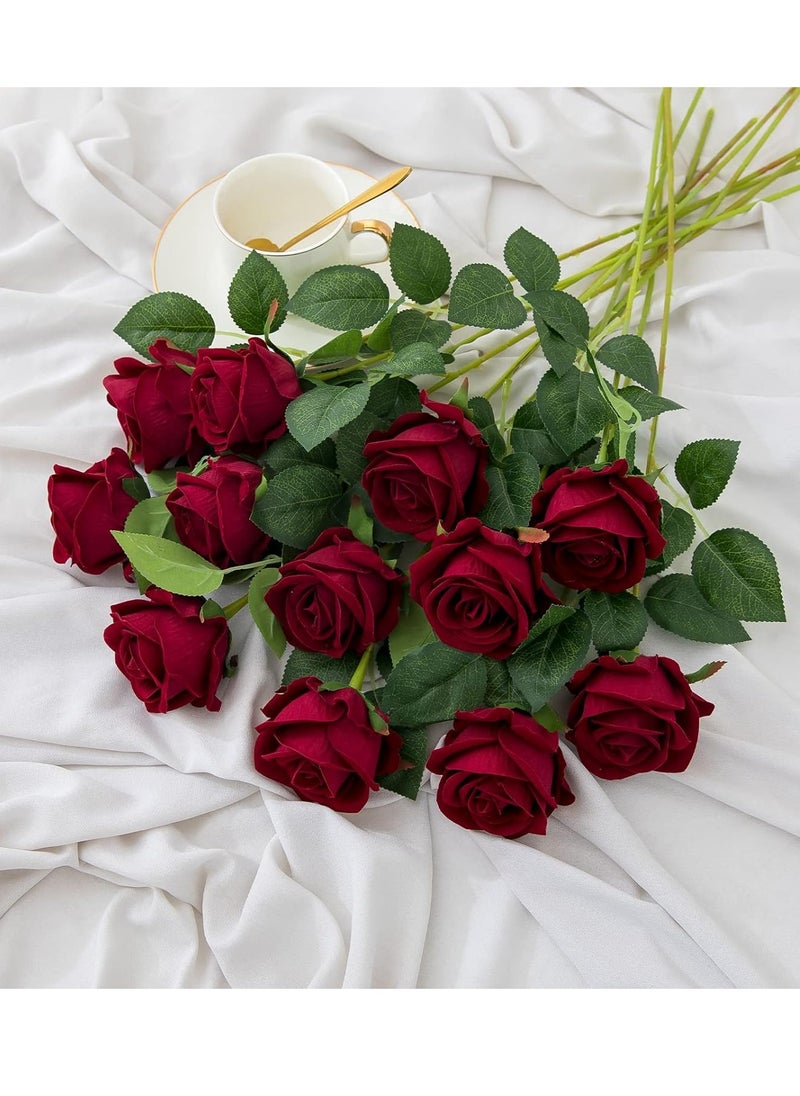 XiuWoo - 12 Pcs Red Artificial Roses Silk Bridal Wedding Bouquet Realistic Flower Red/Green - Image 1