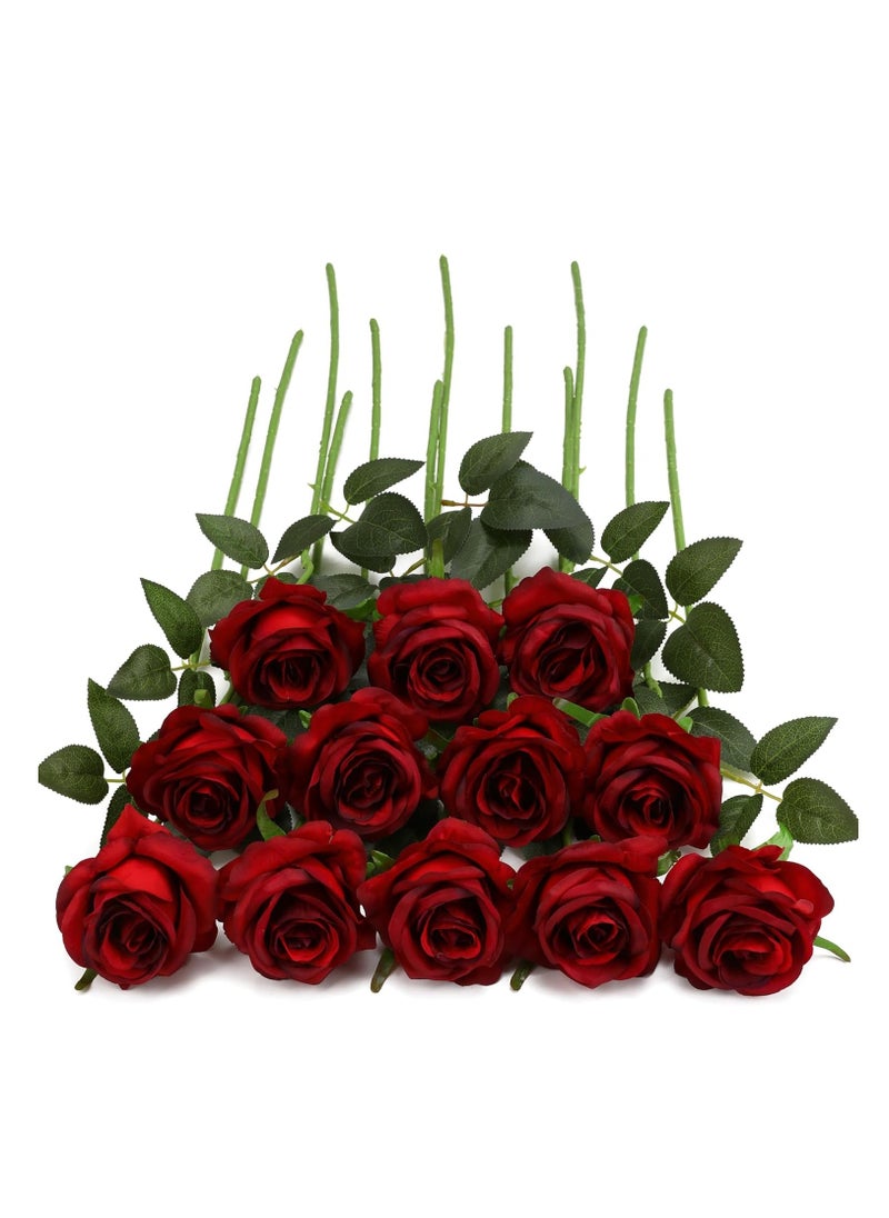 XiuWoo - 12 Pcs Red Artificial Roses Silk Bridal Wedding Bouquet Realistic Flower Red/Green - Image 1