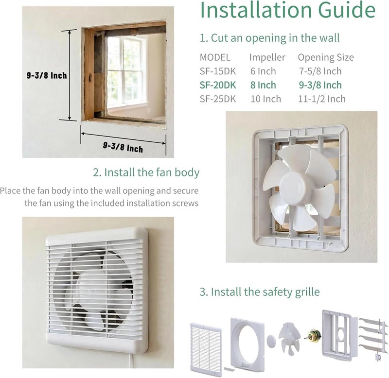 SAILFLO 8 Inch Window Shutter Exhaust Fan, 9.5 x 9.5 Inch Cutout, 300CFM 30W Wall-Mounted Ventilation Fan Air Intake Extractor for Bathroom Home Bedroom Attic, φ8 Inch Impeller - Image 4