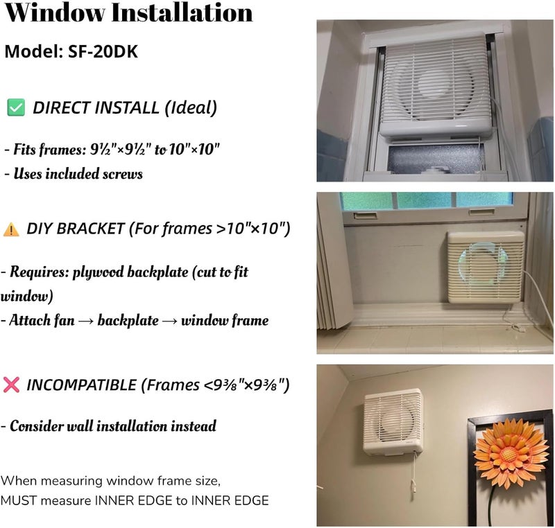 SAILFLO 8 Inch Window Shutter Exhaust Fan, 9.5 x 9.5 Inch Cutout, 300CFM 30W Wall-Mounted Ventilation Fan Air Intake Extractor for Bathroom Home Bedroom Attic, φ8 Inch Impeller - Image 5