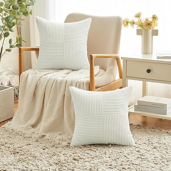 Guffaw Corduroy Pillow Covers Boho Decorative Spliced Throw Pillow Covers Soft Solid Couch Pillowcases Cross Patchwork Cushion Covers for Living Room Bed Sofa 16x16 inch (1, White) - Image 1