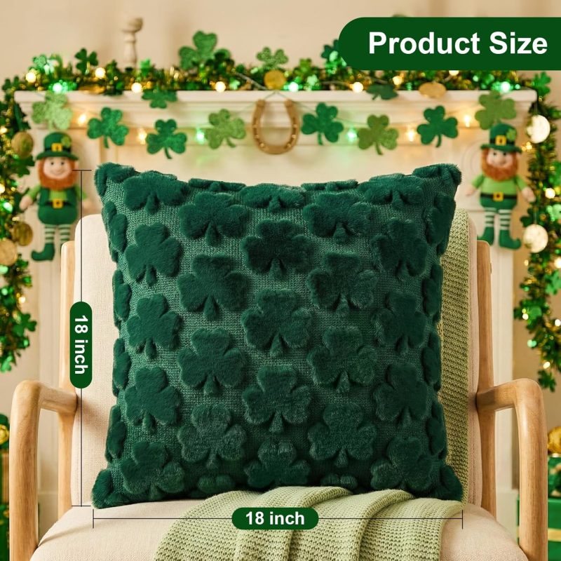 غطاء وسادة مخمل اخضر داكن مقاس 18 × 18 بوصة - غطاء وسادة زخرفي ذات ملمسة خميرة شامروك فائقة النعومة للزينة في منزلك وغرف نومك وقاعات المعيشة في يوم سان باتريك - Image 3