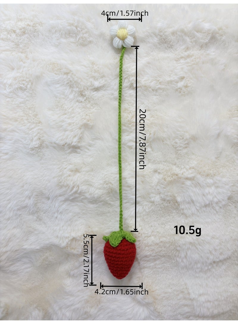 4pcs Crochet Strawberry and Flower Plant Basket Car Hanging Ornaments,Cute Handmade Knitted Car Mirror Hanging Accessories,Bag Keychain Charms Home Decoration Accessories for Women (2 Red+2 Pink) - Image 3