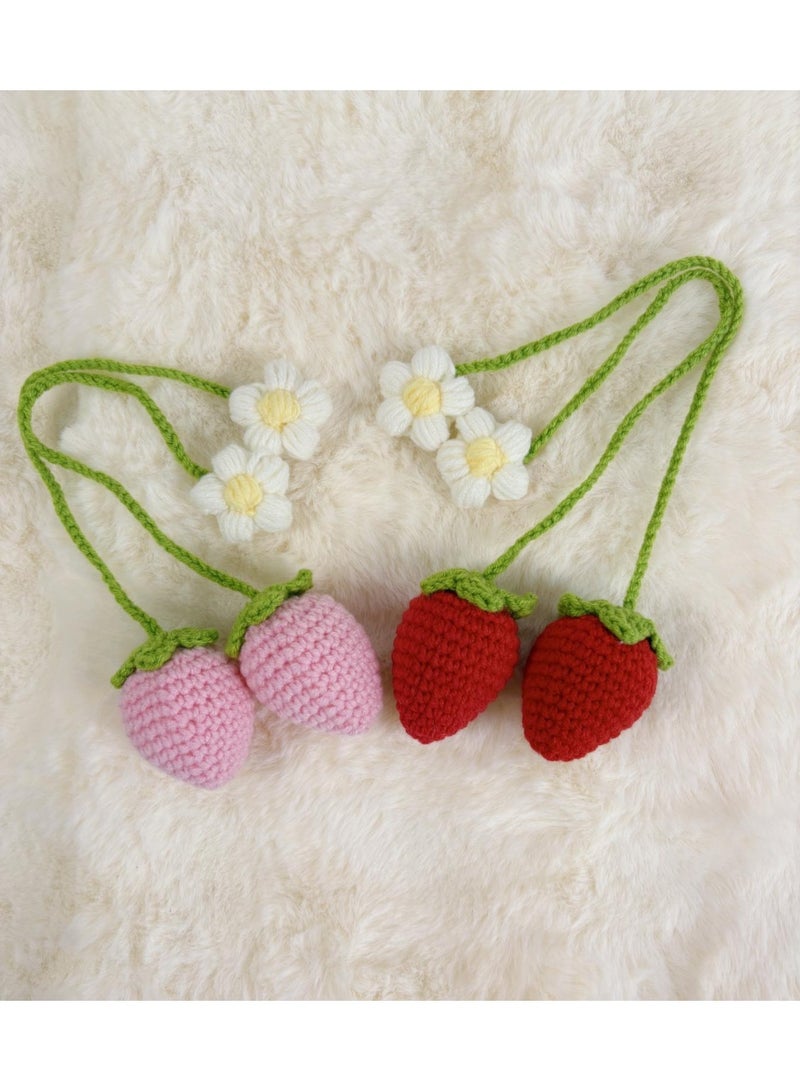 4pcs Crochet Strawberry and Flower Plant Basket Car Hanging Ornaments,Cute Handmade Knitted Car Mirror Hanging Accessories,Bag Keychain Charms Home Decoration Accessories for Women (2 Red+2 Pink) - Image 1