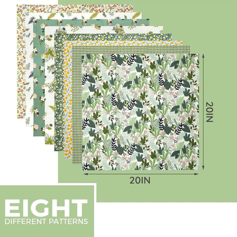 Aubliss 8pcs Fat Quarter Fabric Bundles 20'' x 20'' Cotton Craft Fabric Pre-Cut Squares Sheets for Patchwork Sewing Quilting Crafting(Green Floral) - Image 3