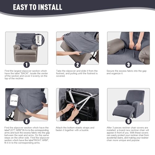 KinCam Recliner Chair Covers, Stretch Reclining Cover, Recliner Sofa Slipcovers Stripe Jacquard Recliner Couch Covers Furniture Protector Covers for Pet Kid (1 Seater, Dark Gray) - Image 5