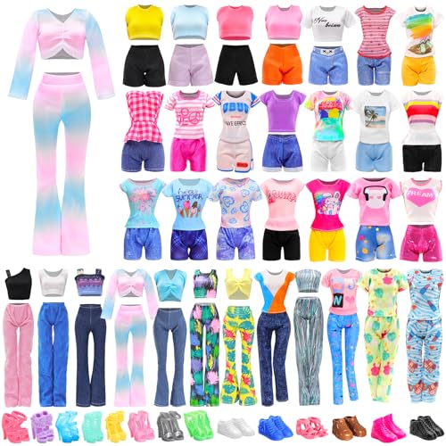 BARWA 30 PCS Doll Clothes and Accessories Casual Sport Sweet Outfits Pajamas Top and Pants Shorts High Heel Flat Shoes for 115 Inch Girl Doll - Image 1