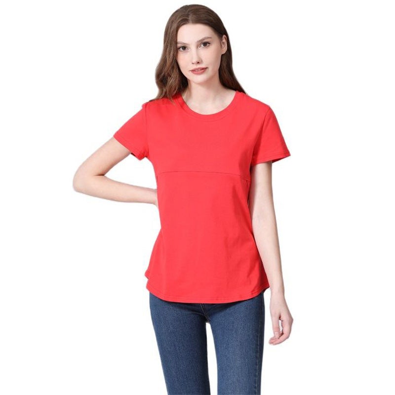 Summer Hot Mom Pregnant Womens Short-sleeved T-shirt Pure Cotton Zipper Breastfeeding Clothes Home Base Shirt European and American plus size for in stock Red  - Image 1