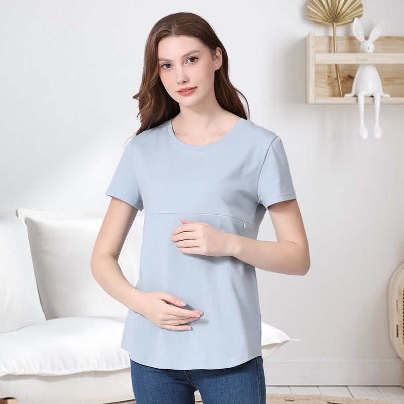Summer Hot Mom Pregnant Womens Short-sleeved T-shirt Pure Cotton Zipper Breastfeeding Clothes Home Base Shirt European and American plus size for in stock Red  - Image 4