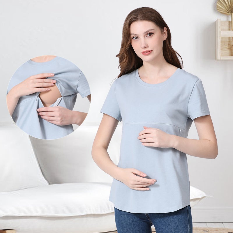 Summer Hot Mom Pregnant Womens Short-sleeved T-shirt Pure Cotton Zipper Breastfeeding Clothes Home Base Shirt European and American plus size for in stock Red  - Image 5