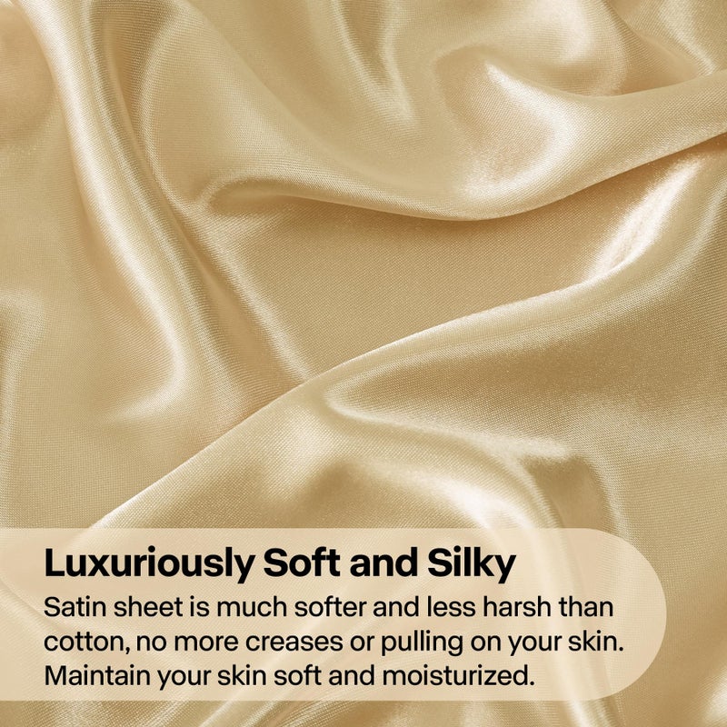 BEDELITE California King Sheets Set, Luxury Soft Champagne Satin Sheets for Hair and Skin, Similar to Silk Bed Sheets Set 4 Pieces with 1 Deep Pocket Fitted Sheet, 1 Flat Sheet, and 2 Pillowcases - Image 3