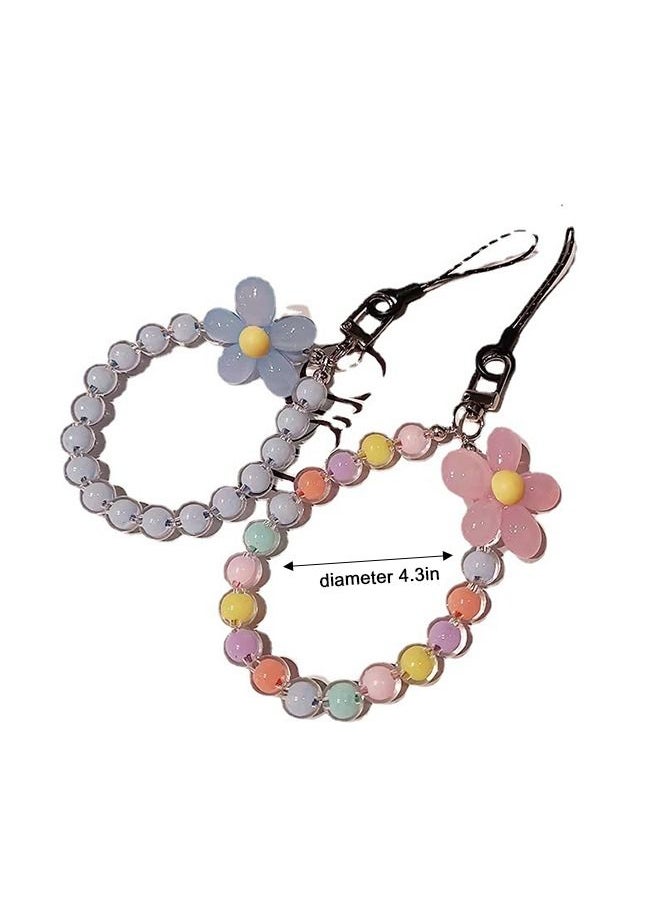2PCS Mobile Phone Beaded Lanyard Flower Colored Bead Lanyard Blue Flower Beaded Lanyard Girl Fashion Mobile Phone Rope Macaron Color