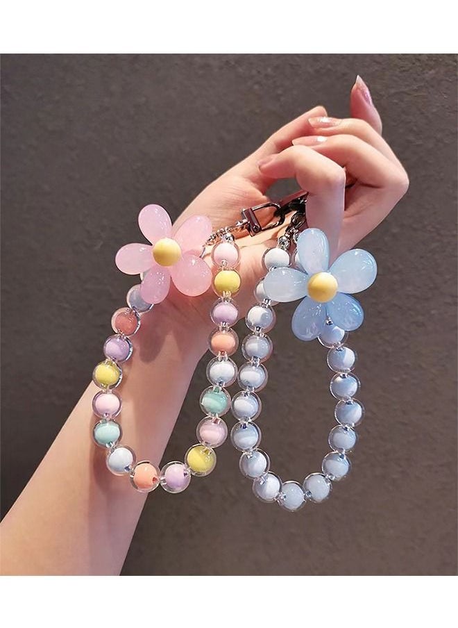 2PCS Mobile Phone Beaded Lanyard Flower Colored Bead Lanyard Blue Flower Beaded Lanyard Girl Fashion Mobile Phone Rope Macaron Color