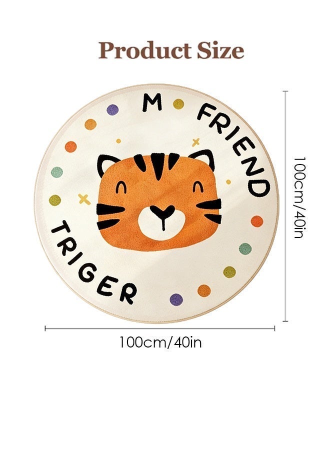 Purrhappy Crystal Velvet Kids' Play Rug, Super Soft Thickened Children's Play Mat, 100CM Large Non-Slip Baby Crawling Round Mat with Durable Rubber Backing,  Animal Pattern Washable Toddler Play Carpet, Easy to Clean Baby Carpet for Living Room Bedroom Nursery Balcony, Cartoon Tiger (Beige & Orange) - Image 2