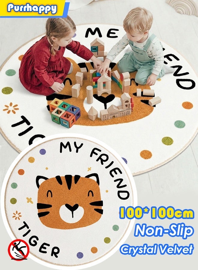 Purrhappy Crystal Velvet Kids' Play Rug, Super Soft Thickened Children's Play Mat, 100CM Large Non-Slip Baby Crawling Round Mat with Durable Rubber Backing,  Animal Pattern Washable Toddler Play Carpet, Easy to Clean Baby Carpet for Living Room Bedroom Nursery Balcony, Cartoon Tiger (Beige & Orange) - Image 1